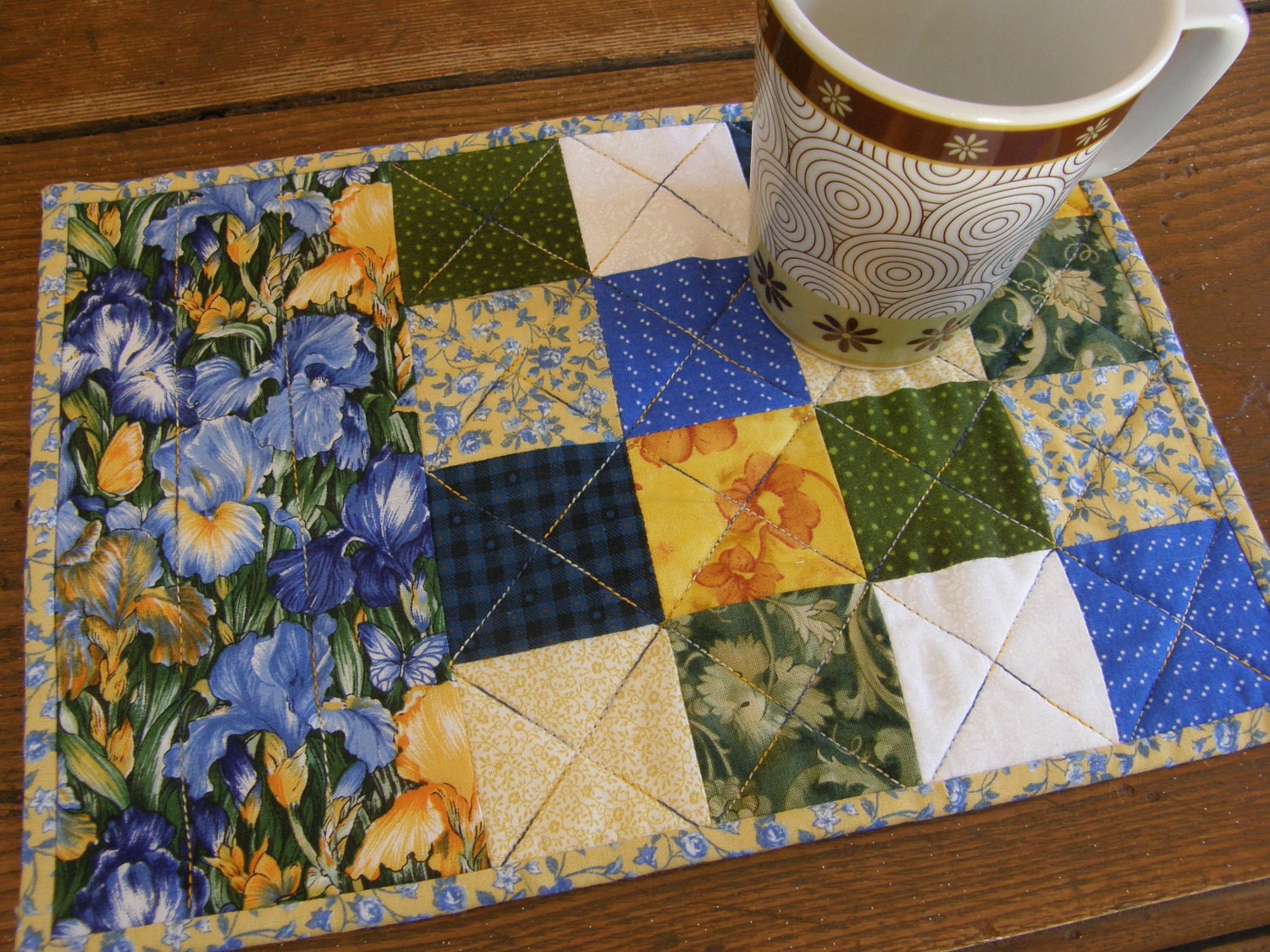 Blue Irises Patchwork Quilted Mug Rug Or Snack Mat 6238