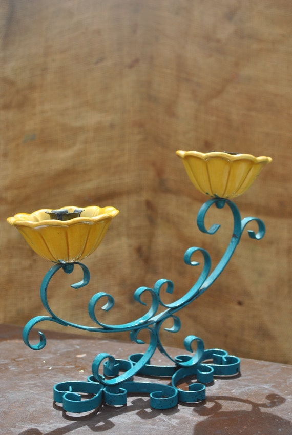 Funky Turquoise Flower Candle Holder Centerpiece