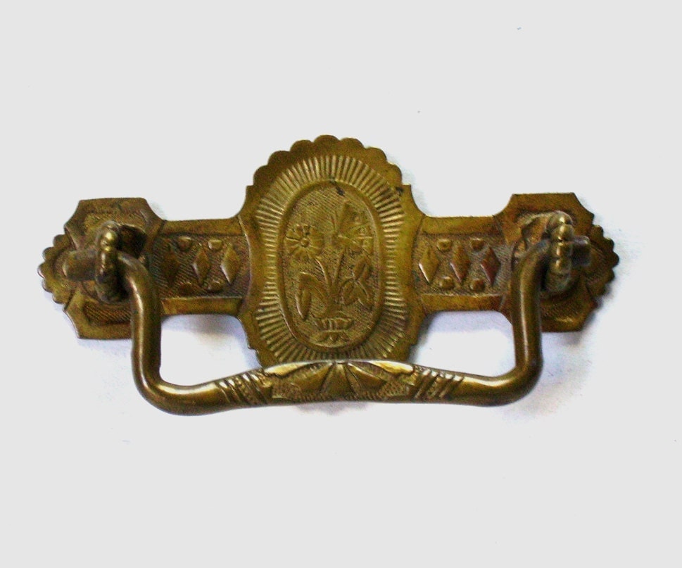 Brass Drawer Pull Eastlake Style Embossed Daisy and
