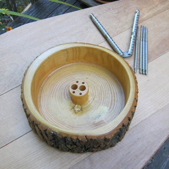 Rustic Wooden Nut Bowl and Tools with Natural Bark