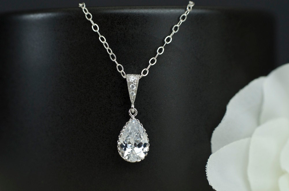 Bridal Necklace Cubic Zirconia Teardrop Pendant Bridal