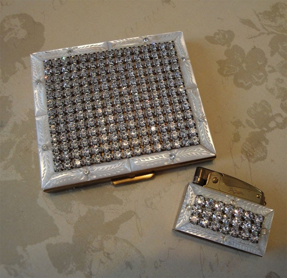 Vintage Rhinestone Cigarette Case and Lighter by EyeCandyAntiques