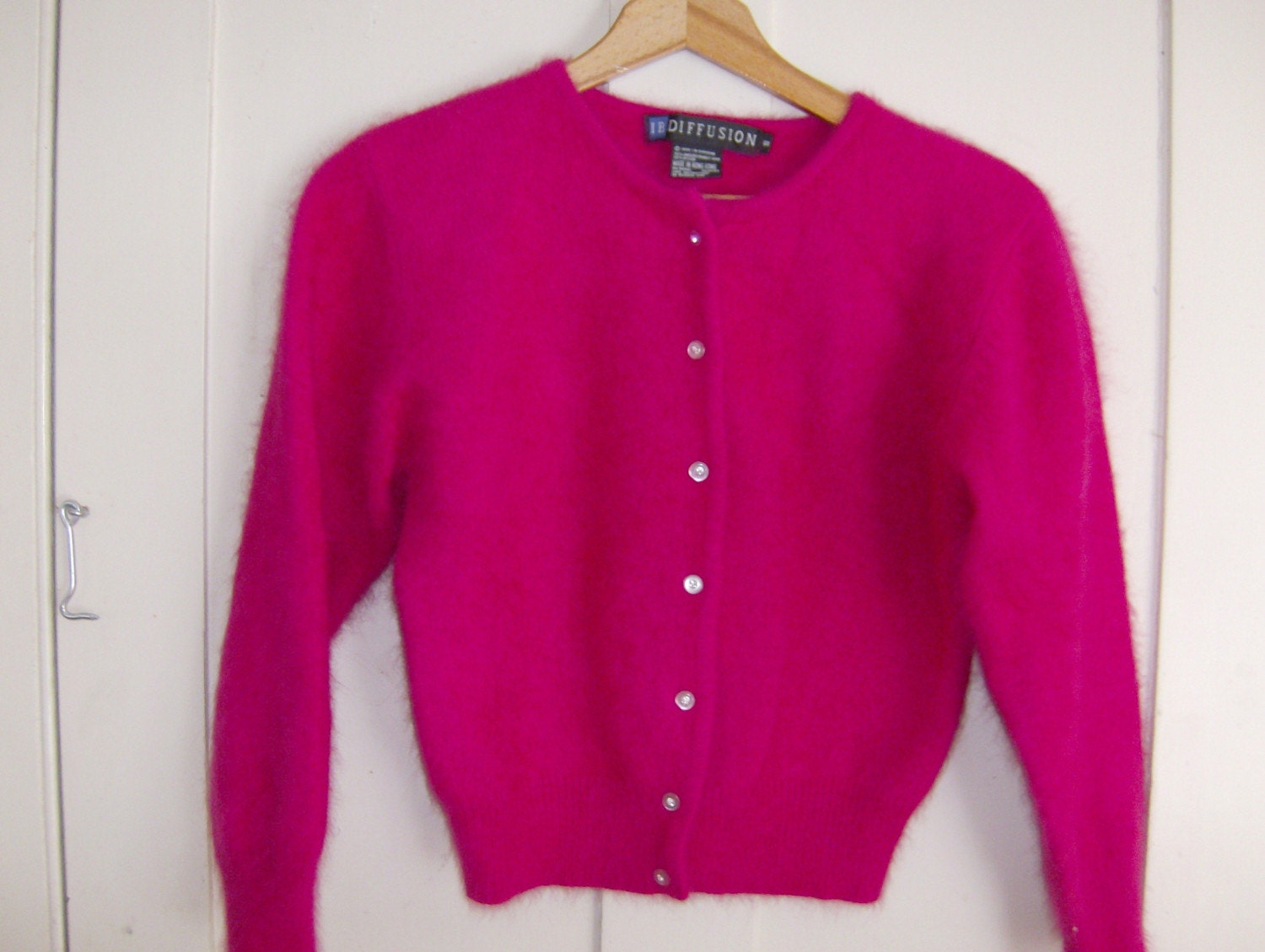 Hot Pink Angora Cardigan Sweater w/ Rhinestone Buttons