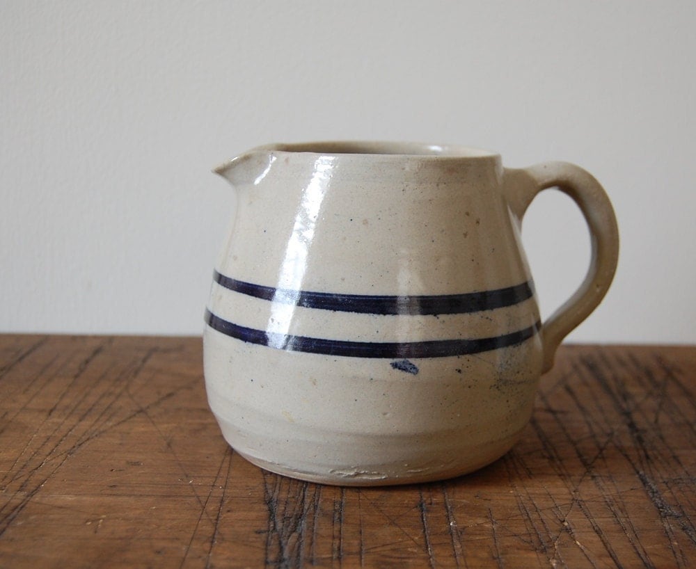 Vintage Stoneware Pitcher with Blue Stripes