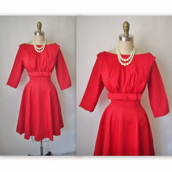 50's Cocktail Dress // Vintage 1950's Red Satin Full