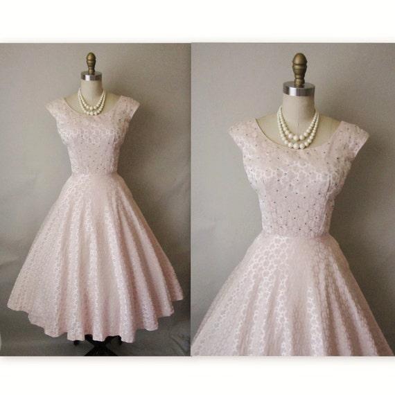 50's Cocktail Dress  Vintage 1950's Pink Brocade Rhinestone Cocktail ...