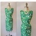 Vintage 1950's Dress Green Silk Floral Print Cocktail Party Mad Men Wiggle Dress