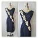 50's Applique Sheath Dress // Vintage 1950's Navy Linen Applique Garden Party Mad Men Sheath Dress M L