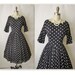 50's Cocktail Dress // Vintage 1950's Navy Polka Dot Rayon Full Cocktail Party Dress M L