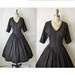 50's Striped Cotton Dress // Vintage 1950's Black Striped Cotton Full Garden Party Mad Men Dress L