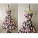 Strapless Floral Dress // 80s 50s Rose Print Cotton Garden Party Full Summer Sun Dress XS S