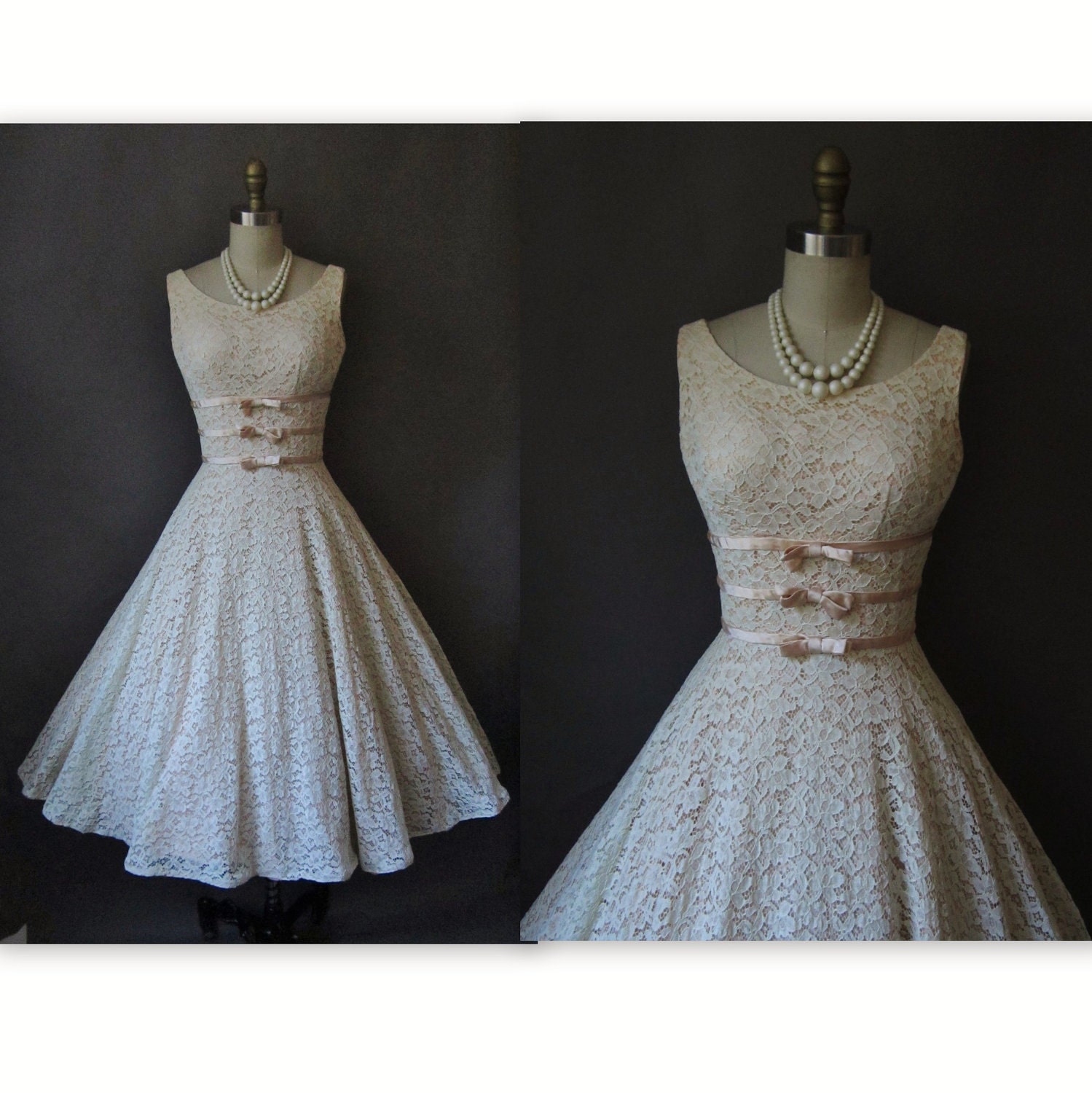 50's Wedding Dress // Vintage 1950's Cream Lace Full
