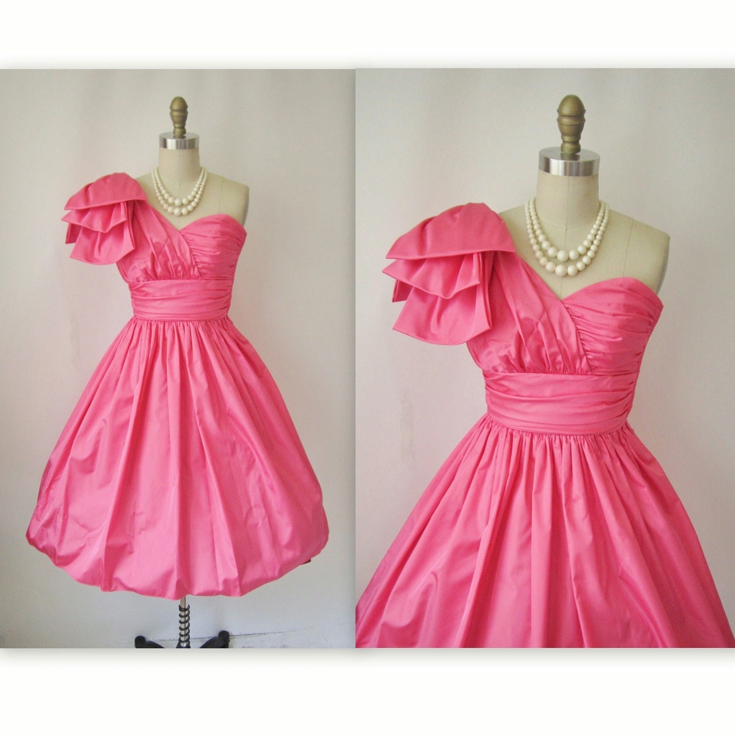 Vintage Prom Dress // 1980's One Shoulder Hot Pink Taffeta