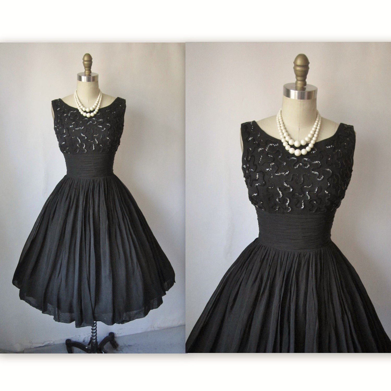 50's Cocktail Dress // Vintage 1950's Black Chiffon
