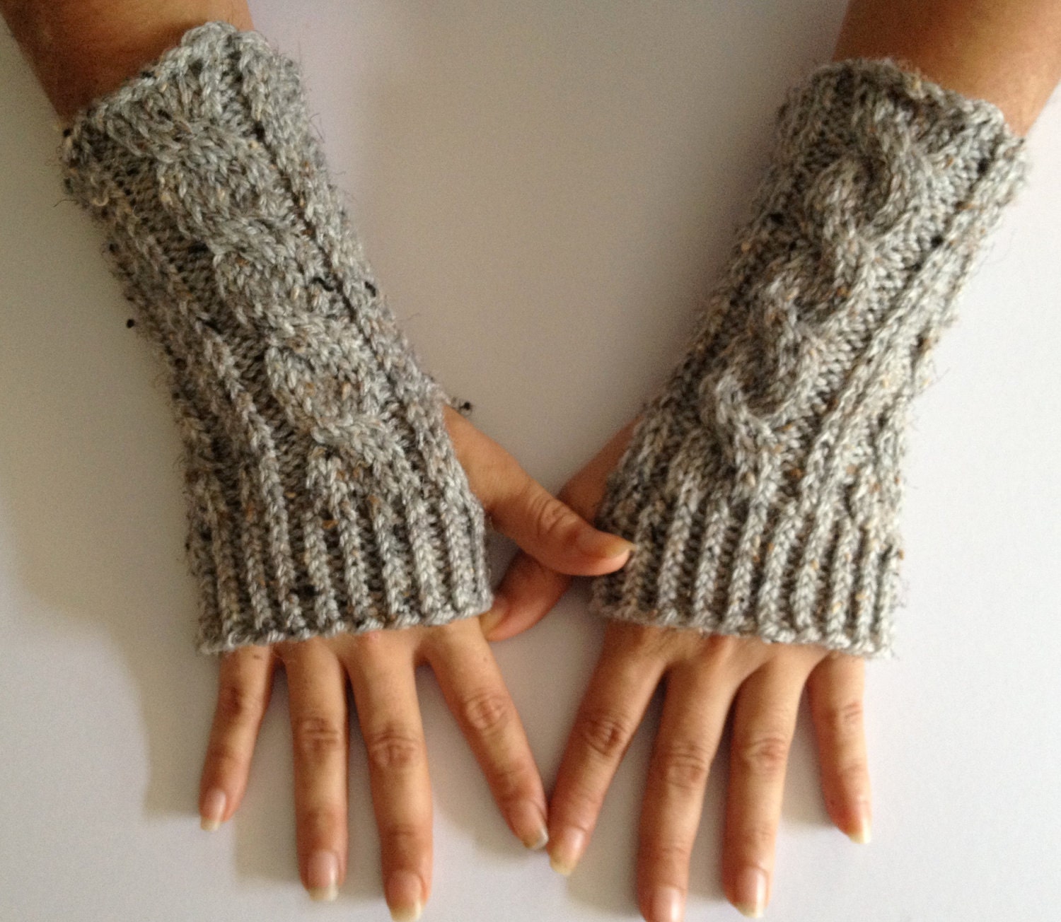 Fingerless Gloves Wrist Warmers in Grey Marble Cable Handknit