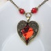 Red heart pendant necklace, jewelry, crystals, romantic, vintage style, long