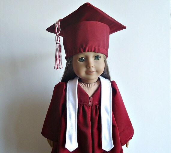 American Girl Graduation Cap, Gown, Stole Wine and White fits 18 inch doll