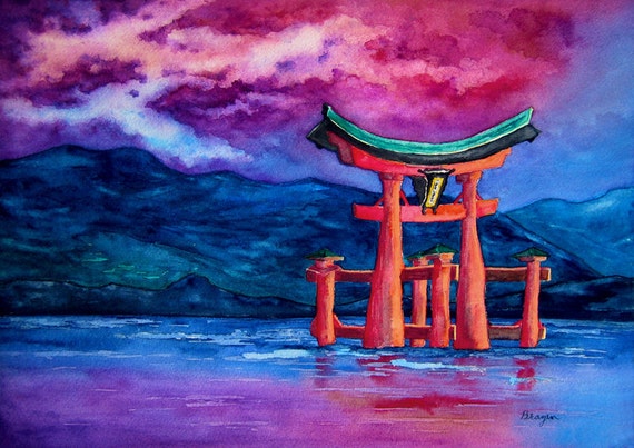 Watercolor Painting Japanese Shrine Temple by BrazenDesignStudio