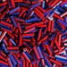 TINY bugle beads, red and blue striped 7mm, 15 grams - about 420 beads