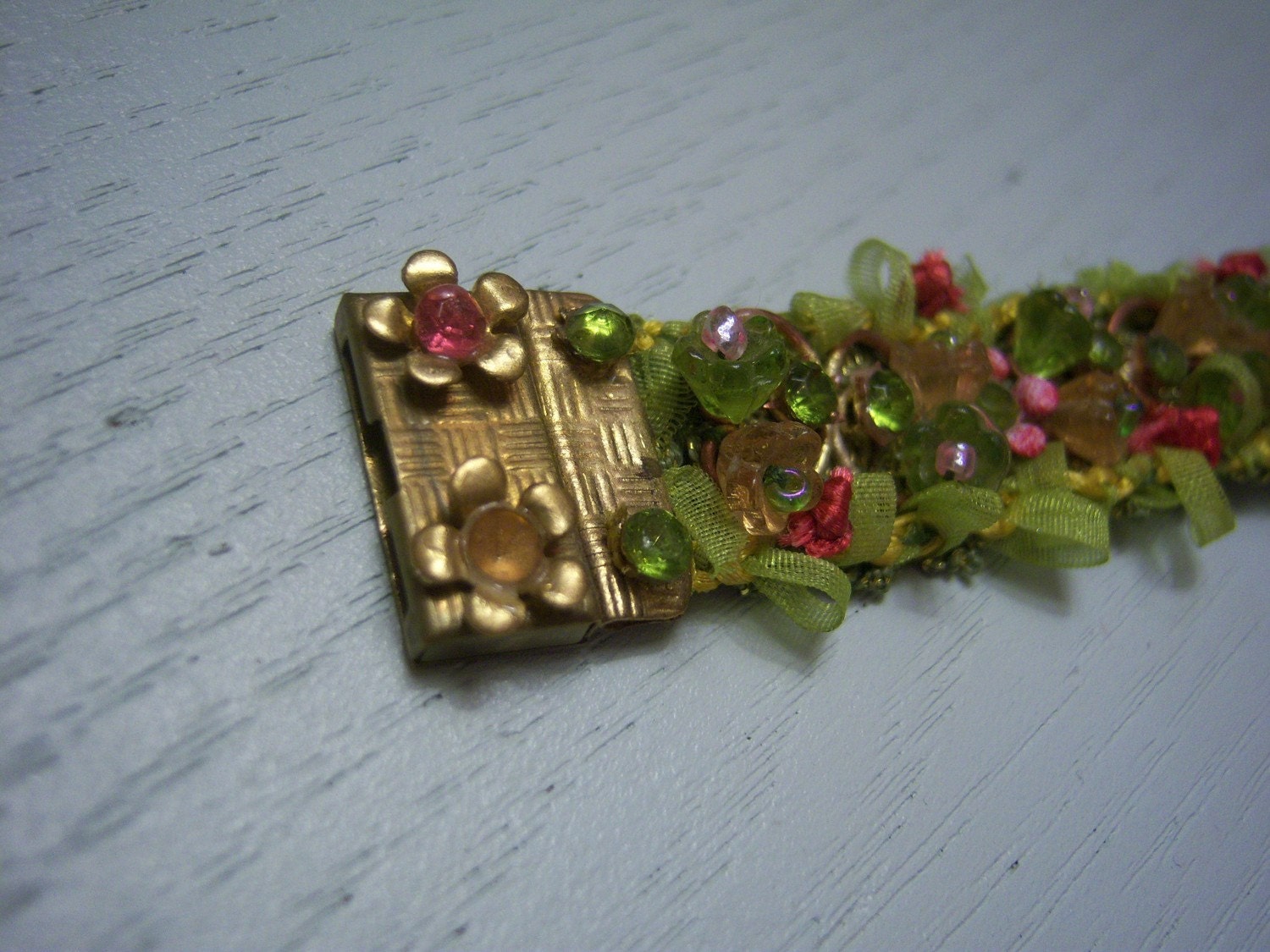 Vintage Green and Pink Ribbon Bracelet with Beads NIB