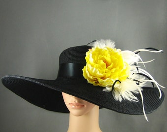 BLACK Kentucky Derby Hat,Fascinator, Preakness Belmont Del Mar Derby Hat Wide Brim Dress Hat Bridal Wedding Hat Tea Party Hat Ascot