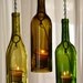 Three Glass Wine Bottle Hanging Hurricane Lanterns Green Olive Gold