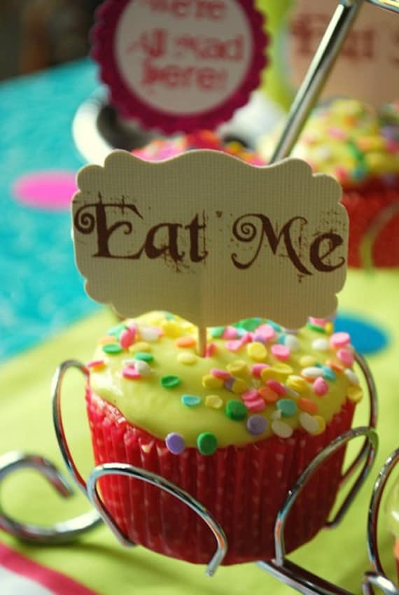 10 Eat Me Cupcake Toppers Alice in Wonderland Birthday Mad