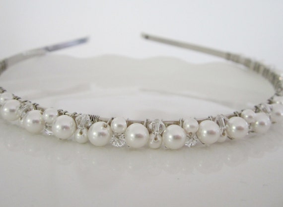 Bridal Headband Ivory or White Pearl with Swarovski