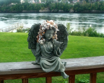 SALE .... Coastal Shores Unique Sea Shell Encrusted Angel Holding Dove