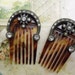 2 Antique Tortoise Shell Hair Combs with Rhinestones - Matching - Celluloid - Christmas Gift - Victorian Style