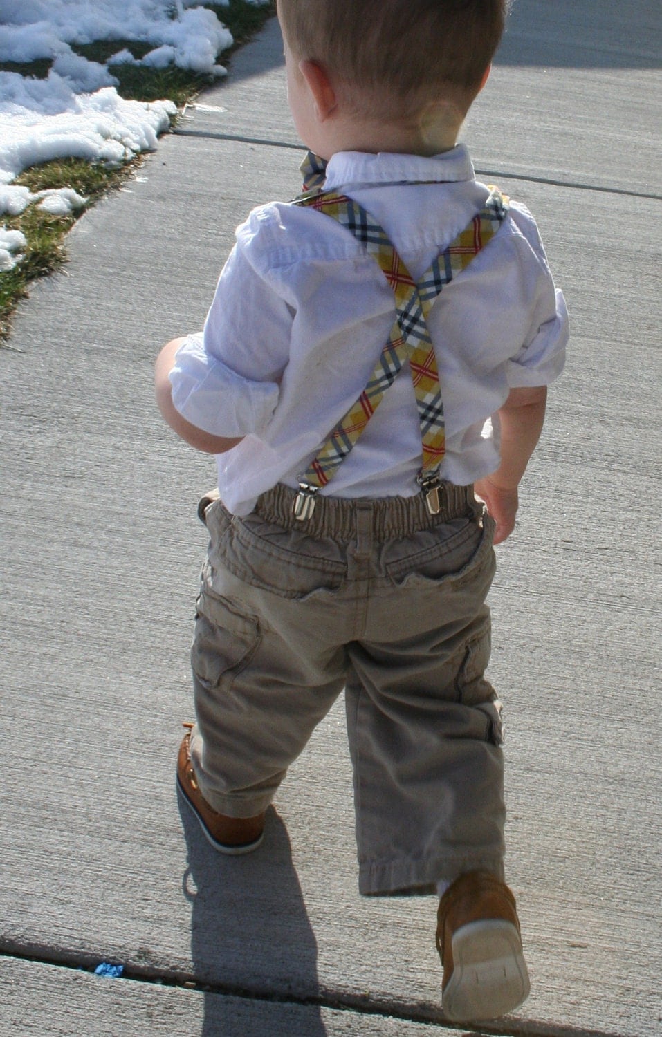 Purple & grey diagonal plaid little boy suspenders photo