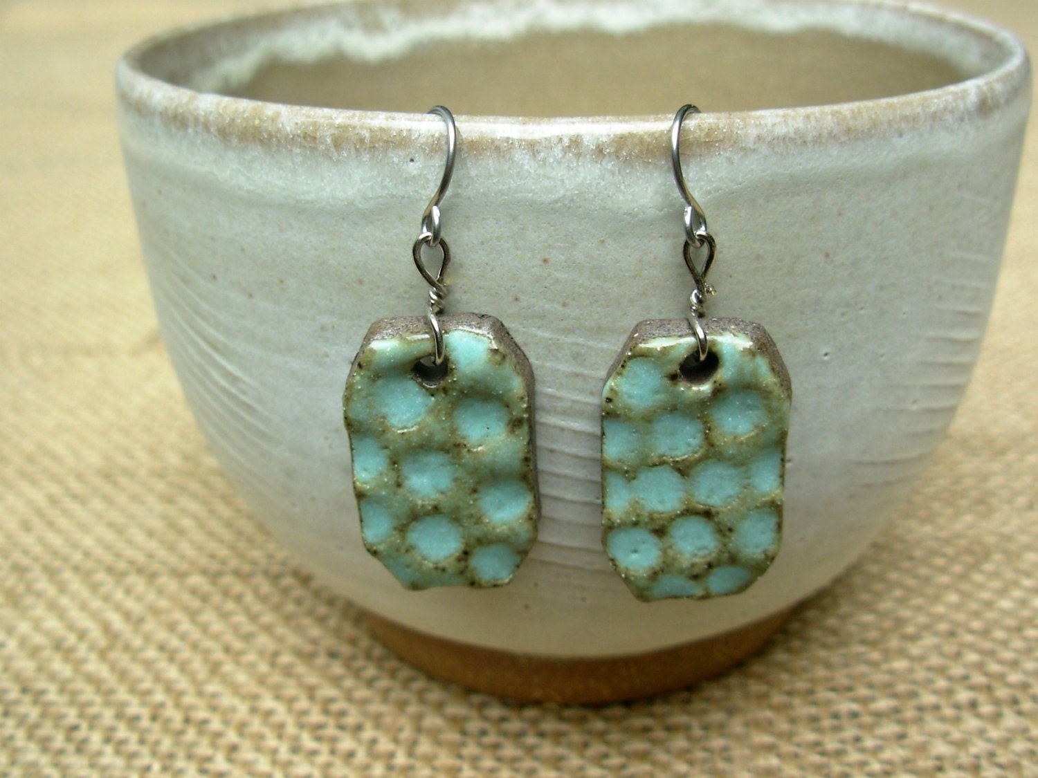 Rectangular Pottery Earrings Green Patina Dot