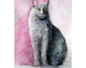 Cat portrait in watercolor kitty painting, grays, pinks wall art, printed on Board Ready to Hang