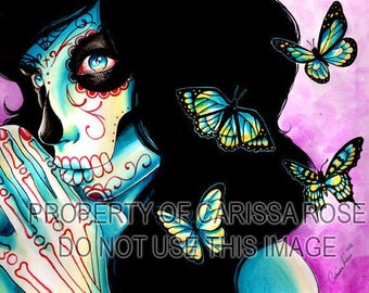 Hand Signed Day of the Dead Girl Art Print Dia Le Los Muertos Sugar Skull Girl with Butterflies - Demure - Butterfly Art 5x7 8x10 or 11x14