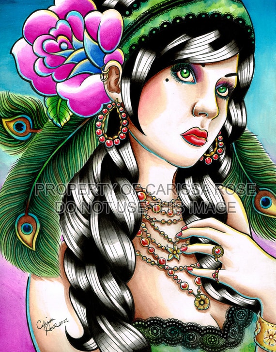 Gypsy Girl Tattoo Flash Portrait with Peacock Feathers Signed Art 