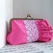 Pink silk ruffled clutch purse with white lace, formal clutch,