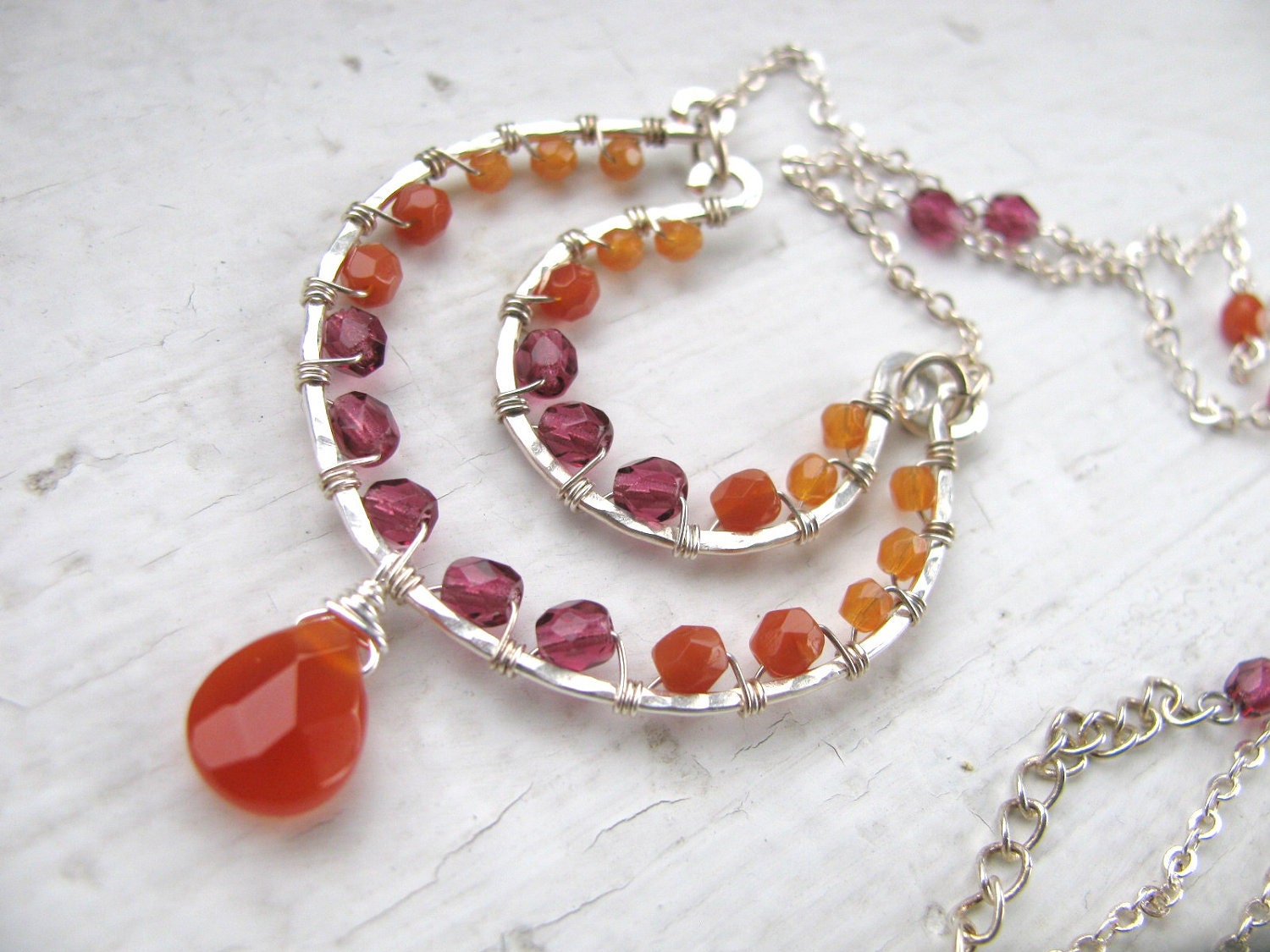 Orange and Berry Wire Wrapped Necklace