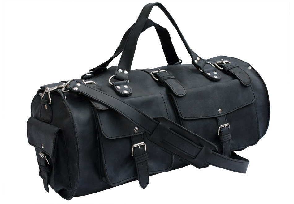 Made in USA Rustic Leather Black Distressed Rugged Duffel Bag