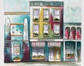 Southwestern Architectural Art Pen and Ink watercolor 8" x 8" Abstract Streetscape Wall Art Red Teal Yellow Blue Southwestern Architectural Art Pen and Ink watercolor 8" x 8" Abstract Streetscape Wall Art Red Teal Yellow Blue