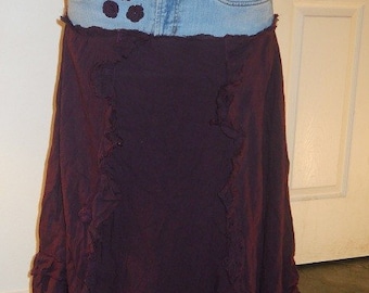 Ruffled jean skirt bohemian denim upcycled skirt burgundy dark purple frou frou fairy hemline Renaissance Denim Couture boho skirt