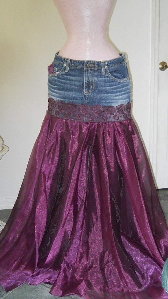 Chloé jean skirt dark purple satin tulle vintage lace bohemian goddess ballroom  violet Renaissance Denim Couture Made to Order