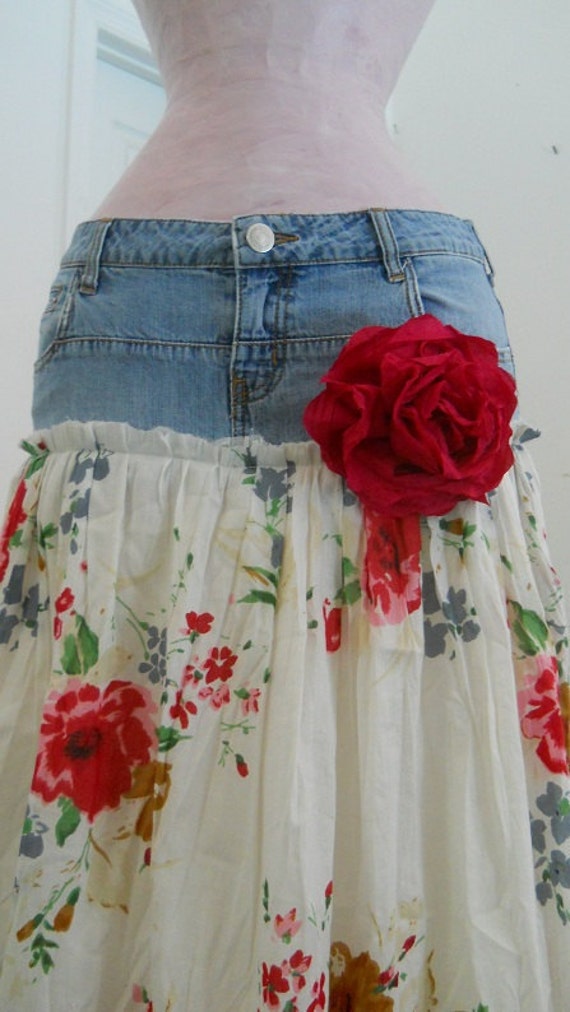 Items similar to Belles Roses bohemian jean skirt Renaissance Denim