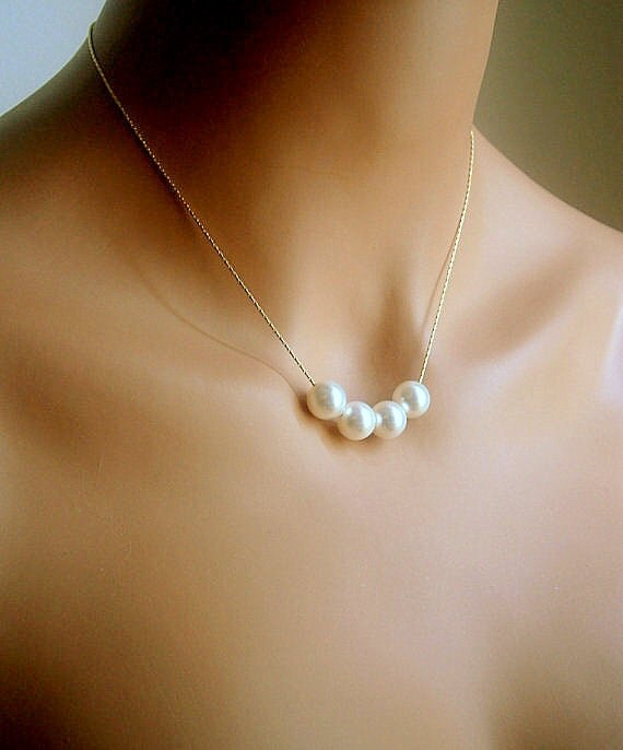 Floating Pearl Necklace In Gold Chain With Four 10mm White Swarovski ...