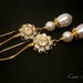Pearl Crystal Gold Earrings With Swarovski Crystal Filigree Flower And Swarovski Teardrop Pearls ON VACATION