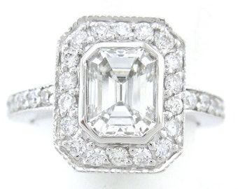 14k white gold Emerald cut diamond engagement ring art deco 1.60ctw
