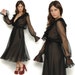 John Anthony 70s Wrap Dress / Black Sheer Chiffon Ruffled Pleated Bell Sleeves Dress / Old Hollywood Glam / Size L Large