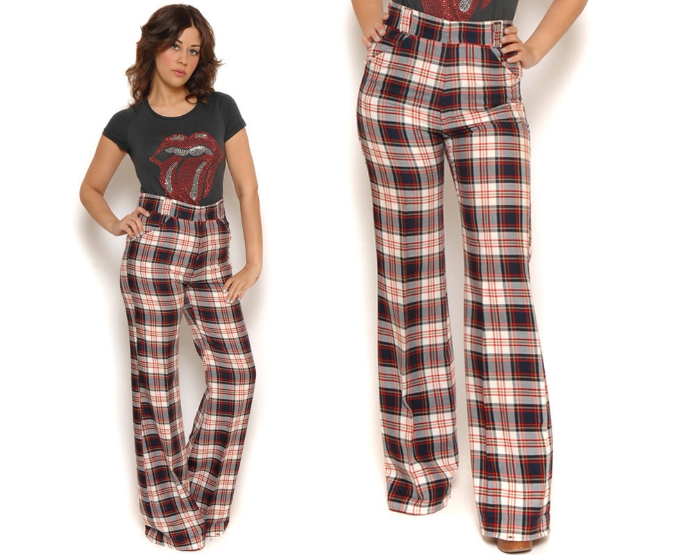 70s High Waisted Trousers Plaid Golf Pants Madras Bell Bottoms
