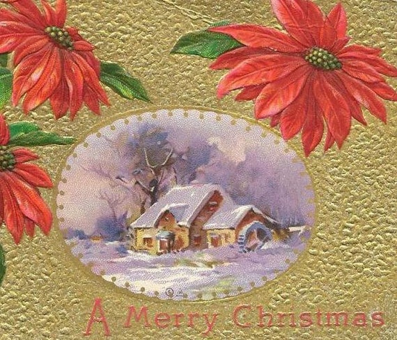 Red Poinsettias Lavish Gold Background Inset of snow covered mill - Beautiful Vintage Christmas Postcard cancelled 1911