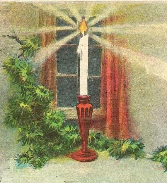 Christmas Candle in Window Vintage Christmas Postcard