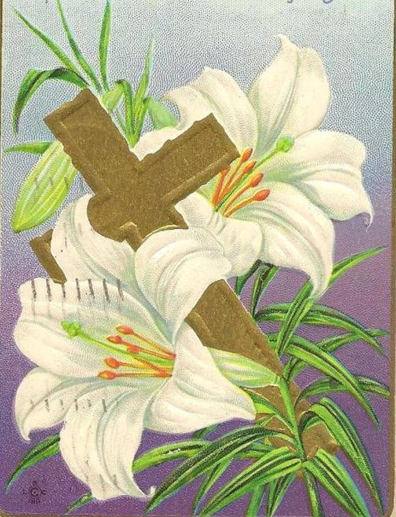 Pure White Easter Lilies Gold Cross and Verse on Vintage